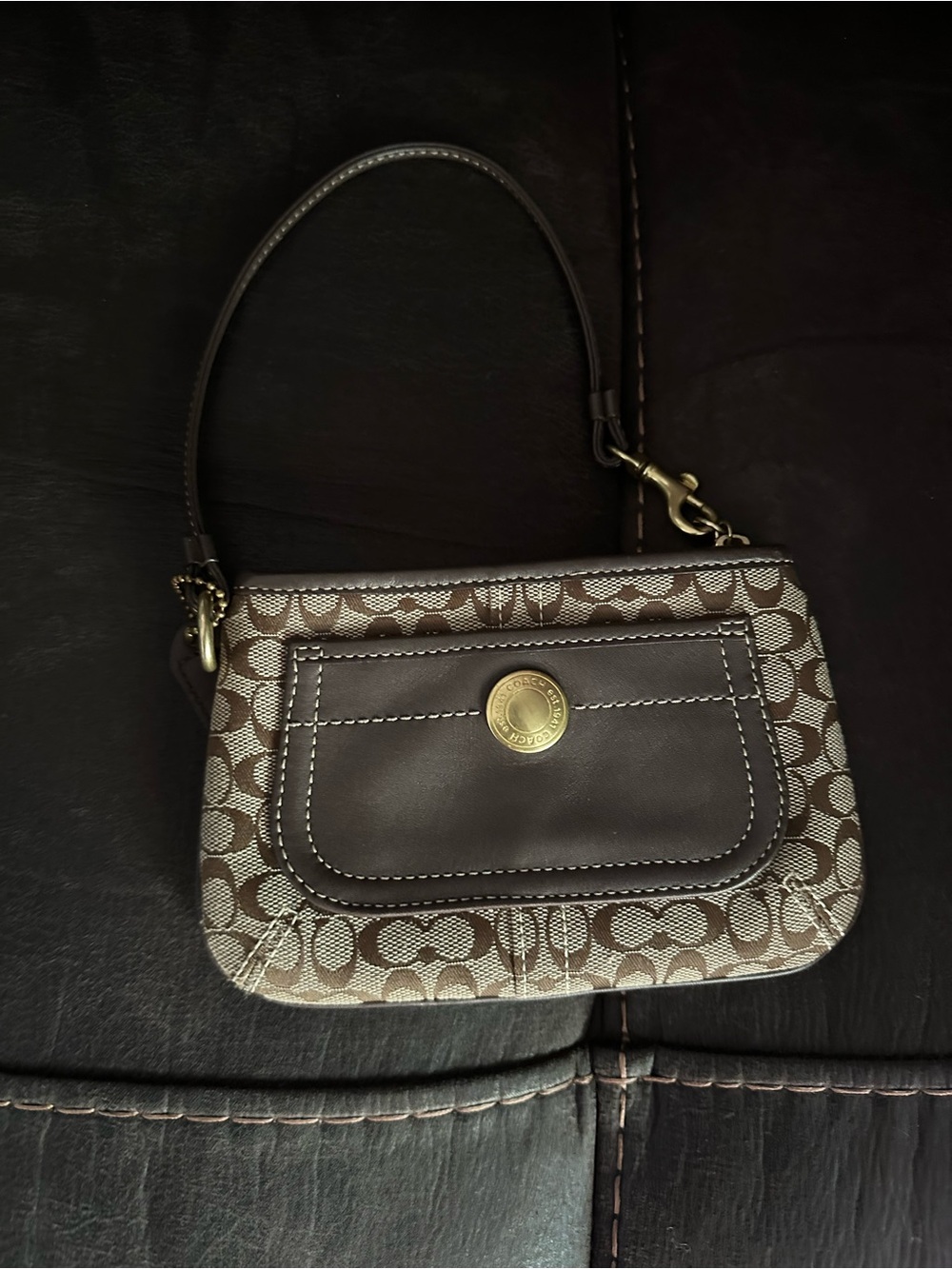 Coach Brown Signature Canvas Wristlet with Gold-Tone Button